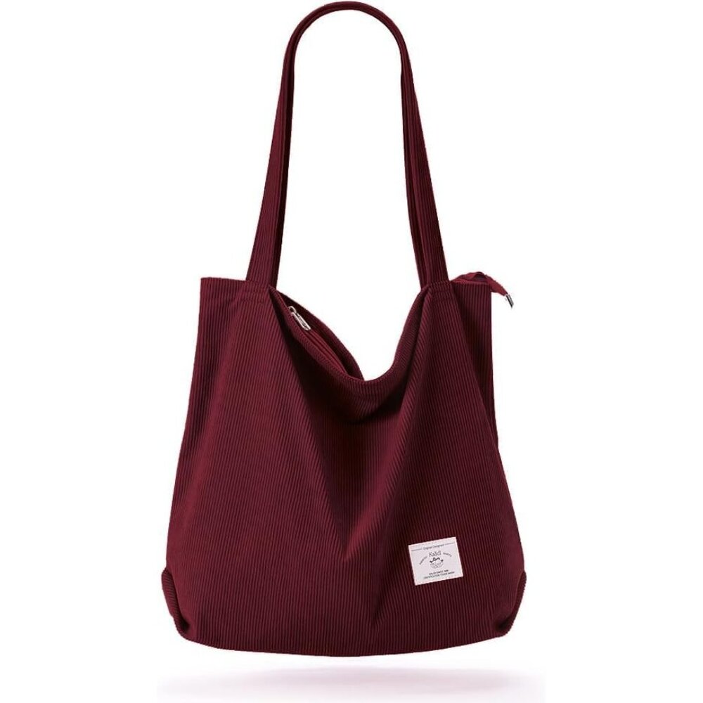 〽️Women's Red Corduroy Lightweight Zipper Pocket Foldable Classic Tote Bag